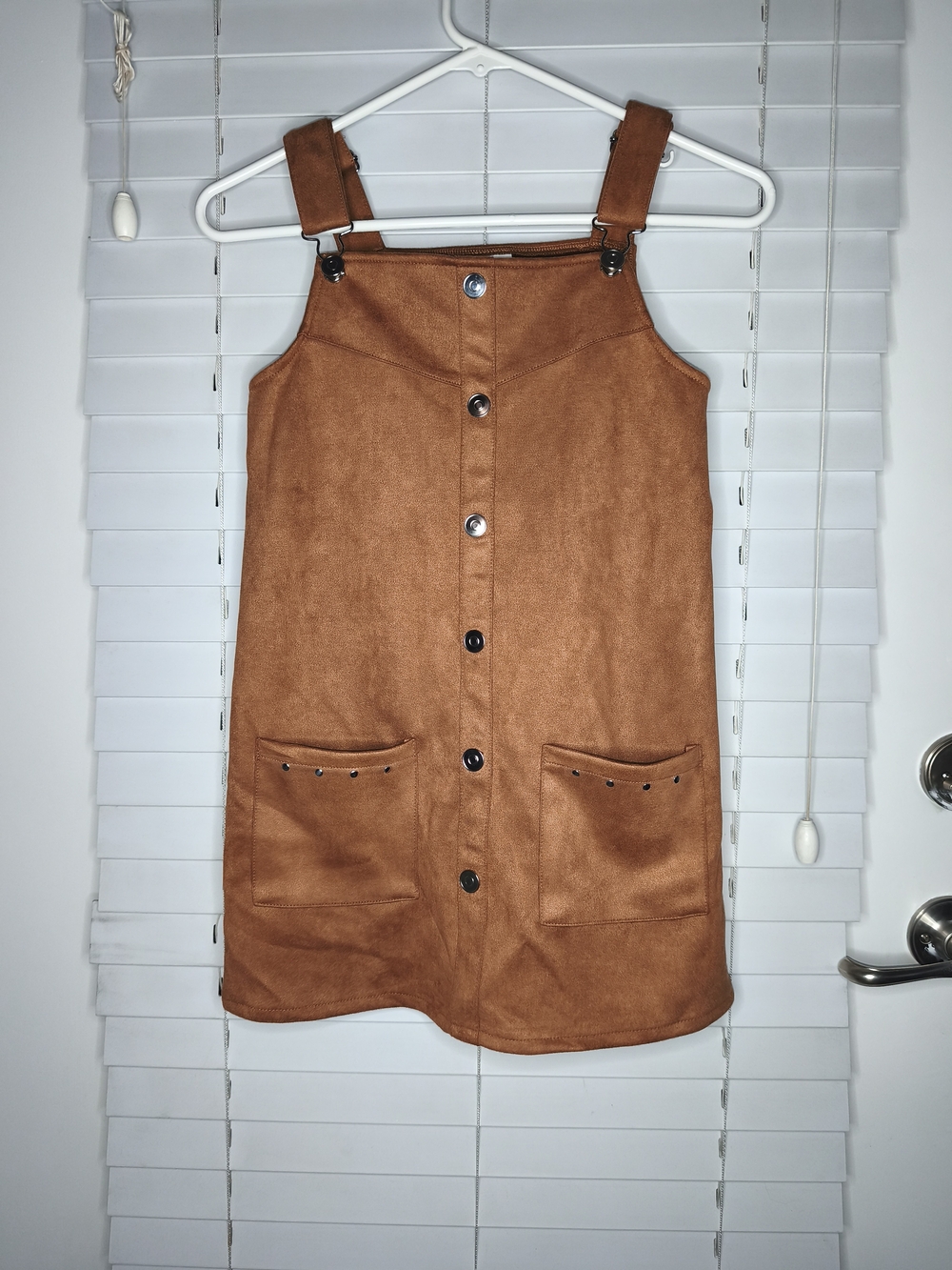 Rachel Zoe Girls Faux Suede Overall Dress Caramel Brown Button Up Pocket Size7/8
